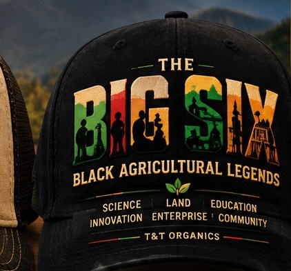 Black Six Pillars cap concept with red, gold and green Big Six lettering and agricultural silhouettes.