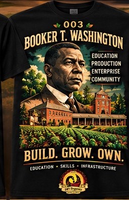 Number 003 T-shirt concept labeled Booker T. Washington and Build. Grow. Own.