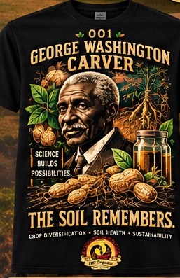 Number 001 T-shirt concept labeled George Washington Carver and The Soil Remembers.