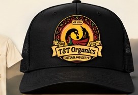 Black baseball-cap concept with the T&T Organics bird-and-grain emblem.