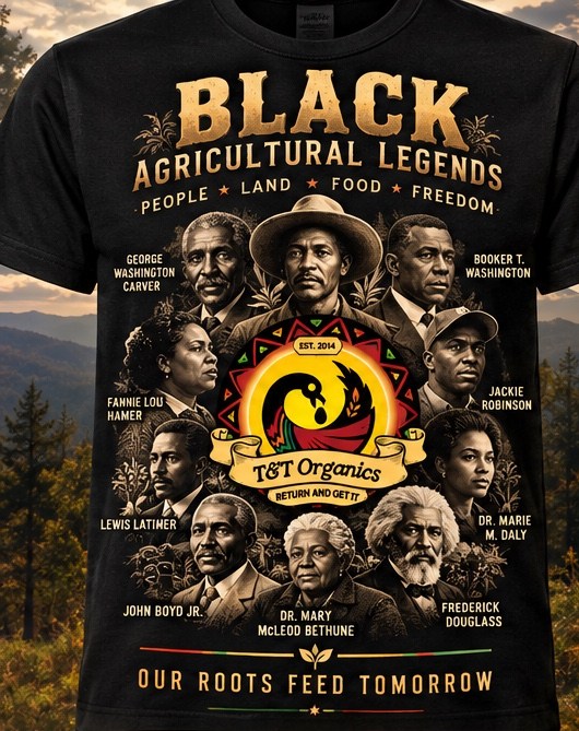 Legacy Collage T-shirt concept with portrait artwork, a heritage emblem and Our Roots Feed Tomorrow lettering.