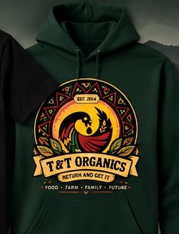 Forest-green hoodie concept with the T&T Organics bird-and-grain heritage emblem.