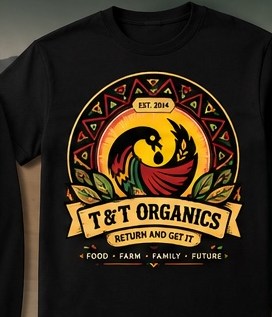 Black T-shirt concept with the circular T&T Organics bird-and-grain heritage emblem.
