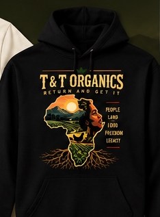 Black Rooted in Africa hoodie concept with gold lettering and an Africa-shaped landscape.