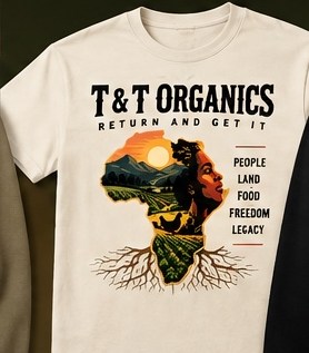 Cream Rooted in Africa T-shirt concept with an Africa-shaped landscape and roots.