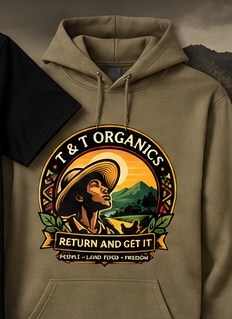 Earth-toned Roots to the Future hoodie concept with the T&T Organics farm emblem.
