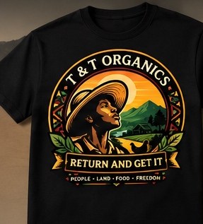 Black Roots to the Future T-shirt concept with a mountain-farm emblem and Return and Get It lettering.