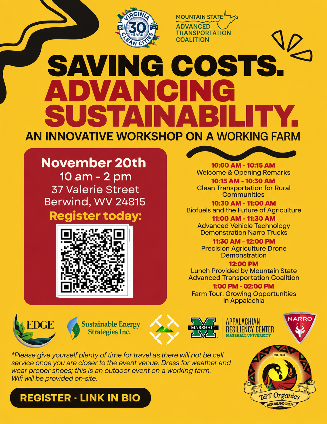 November 20 Saving Costs and Advancing Sustainability workshop flyer. The QR code links to the event's Eventbrite registration page.